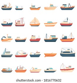 Fishing boat icons set. Cartoon set of fishing boat vector icons for web design