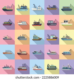 Fishing boat icons set flat vector. Cargo marine. Ocean ship