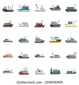 Los iconos de los barcos pesqueros configuran un vector plano. Marina de carga. Aislamiento de buques oceánicos