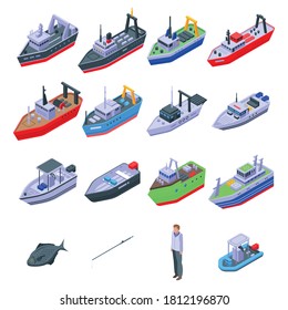 Fishing boat icons set. Isometric set of fishing boat vector icons for web design isolated on white background