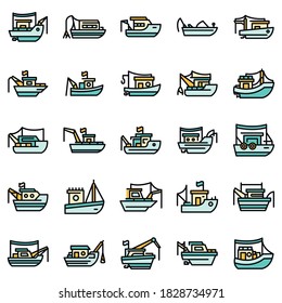 Fishing boat icons set. Outline set of fishing boat vector icons thin line color flat on white