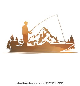 Fishing Boat Illustration Clip Art Design Shape. Lake Scene Silhouette Icon Vector.