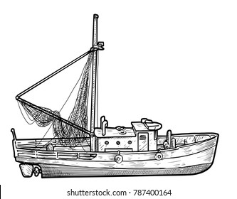 Fishing boat illustration, drawing, engraving, ink, line art, vector