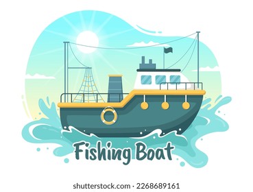 Fishing Boat Illustration with Fishermen Hunting Fish Using Ship for Web Banner or Landing Page in Flat Cartoon Hand Drawn Vector Templates