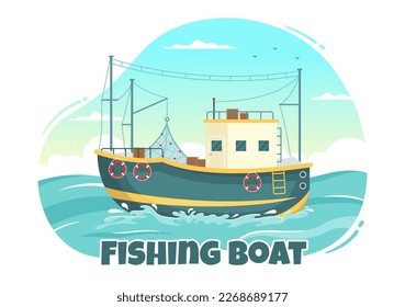 Fishing Boat Illustration with Fishermen Hunting Fish Using Ship for Web Banner or Landing Page in Flat Cartoon Hand Drawn Vector Templates