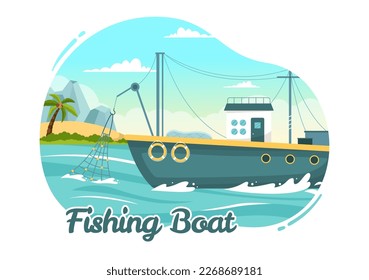 Fishing Boat Illustration with Fishermen Hunting Fish Using Ship for Web Banner or Landing Page in Flat Cartoon Hand Drawn Vector Templates