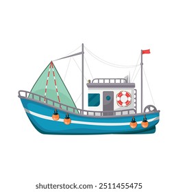 Embarcación náutica industrial del bote de pesca con la malla para la ilustración plana del Vector de captura de peces. Buque salvavidas de la bandera del transporte acuático para el hobby del trabajo del pescador y la actividad del mar del agua de la naturaleza del Ocio