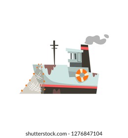 Fishing boat, industrial trawler for seafood production, retro marine ship vector Illustration