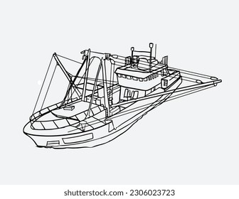 fishing boat ink sketch for poster, art print, graphic, and logo gram. vintage fishing boat for graphic design, postcard, book cover, and collection. vector. The vector sketch of the commercial fishin