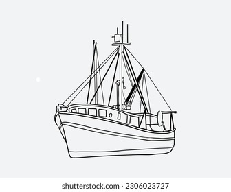 fishing boat ink sketch for poster, art print, graphic, and logo gram. vintage fishing boat for graphic design, postcard, book cover, and collection. vector. The vector sketch of the commercial fishin