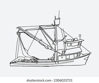 fishing boat ink sketch for poster, art print, graphic, and logo gram. vintage fishing boat for graphic design, postcard, book cover, and collection. vector. The vector sketch of the commercial fishin