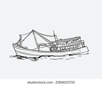 fishing boat ink sketch for poster, art print, graphic, and logo gram. vintage fishing boat for graphic design, postcard, book cover, and collection. vector. The vector sketch of the commercial fishin