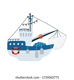 Fishing boat isolated on white background in a flat style. Children's illustration for design of children's rooms, clothing, textiles.Vector illustration