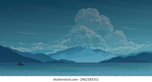 Fishing boat in lake with mountain ranges landscape before it's rains vector illustration.