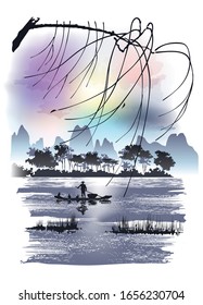 Fishing Boat in Lake. Vector illustration in oriental style of sumi-e.
