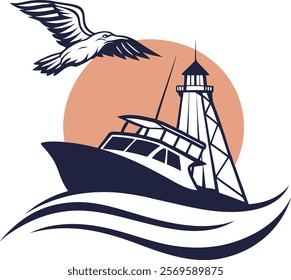 Fishing Boat and Lighthouse at Sunrise, Perfect for Coastal Businesses. A stylized graphic of a fishing boat sailing through waves, with a lighthouse visible in the background.