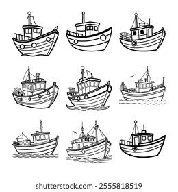 Fishing Boat Line Art Set Hand drawn 