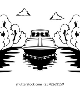 Fishing boat line art silhouette vector illustration on white background.