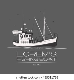 Fishing Boat Logo Badge Label On Grey Background. Vector. Editable