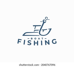 Fishing boat logo design. Fishing hook and ship vector design. Fishing boat sailing logotype