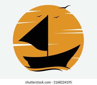 fishing boat logo silhouette on sunset background