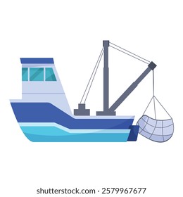 Fishing boat is lowering net for catching fish in ocean, commercial fishing vessel, marine industry concept