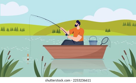Fishing from boat. Man with fishing rod sitting on lake. Active lifestyle and recreation, sports. Outdoor recreation, weekends and vacation. Poster or banner. Cartoon flat vector illustration