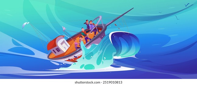 Fishing boat with men and teenagers on board having accident and sinking on huge wave. Cartoon vector of shipwreck on sea or ocean blue water. Emergency situation with people on drowning ship.