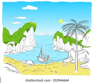 fishing boat moored off sandy beach to the sea