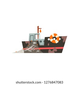 Fishing boat with net, industrial trawler for seafood production, retro marine ship vector Illustration
