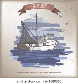 Fishing boat with nets color sketch. Great for travel ads and brochures, fishing and seafood illustrations.