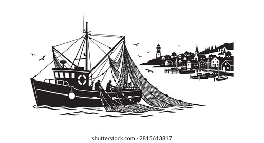 Fishing boat with nets at harbor vector silhouette illustration