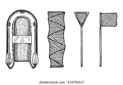 Fishing boat and nets vector hand drawing set