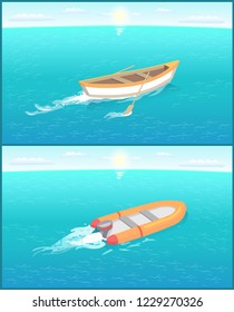 Fishing boat with oars and inflatable ship leaves trace in sea or ocean, marine travelling vessel. Fisher sailboat sailing in deep blue waters vector