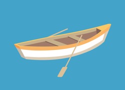 Fishing Boat With Oars, Marine Traveling Vessel. Fisher Ship Sailing Personal Transport, Small Nautical Sailboat Vector Isolated On Blue Backdrop