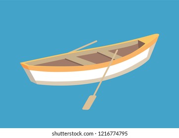 Fishing boat with oars, marine traveling vessel. Fisher ship sailing personal transport, small nautical sailboat vector isolated on blue backdrop