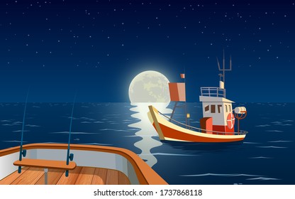 fishing boat in the ocean in the night