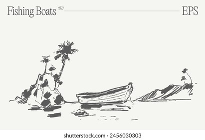 Un barco de pesca en una playa con palmeras. Ilustración vectorial dibujada a mano, boceto.