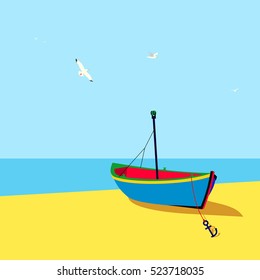 Fishing boat on the beach. Poster. Vector illustration EPS 10.