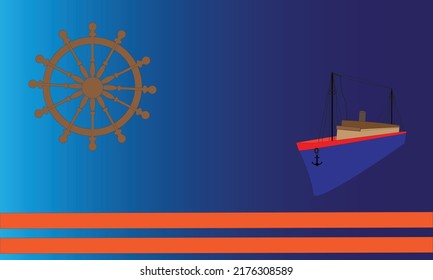 fishing boat on blue background and the steering wheel and 2 orange stripes