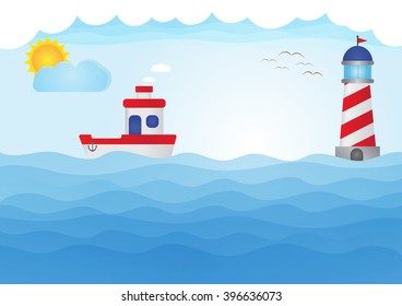 fishing boat on Blue ocean and blue cloudy sky