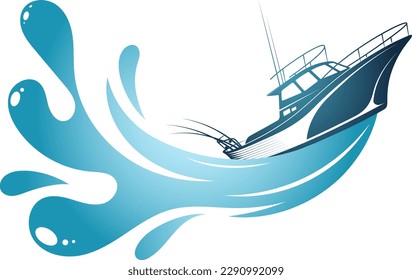 Fishing boat on a blue wave. Design for sport fishing