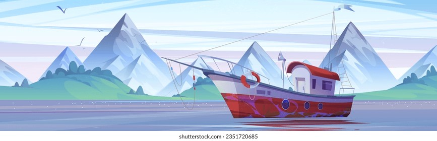 Fishing boat on lake against mountain landscape. Vector cartoon illustration of retro ship floating on river water, megaphone and life preserver on board, birds flying in dawn sky, natural background
