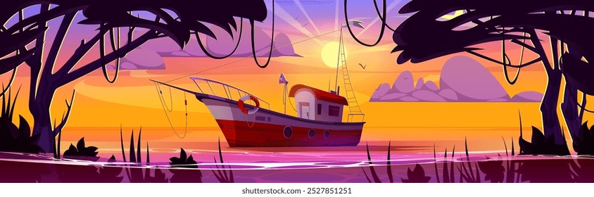 Barco de pesca en el lago al amanecer. Ilustración de dibujos animados de Vector de lancha flotando en la superficie del agua, plantas submarinas y lianas en árboles tropicales, pájaros que vuelan en el cielo anaranjado del atardecer, viaje de verano