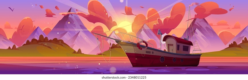 Fishing boat on mountain lake against sunset sky background. Vector cartoon illustration of retro trawler boat floating on river water, beautiful natural landscape, sun shining through pink dawn