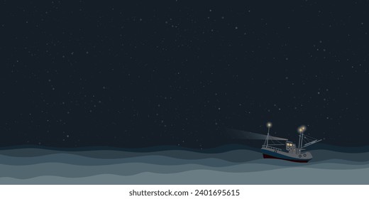 Fishing boat on the sea at night vector illustration. Ocean with ship, star and night sky background.