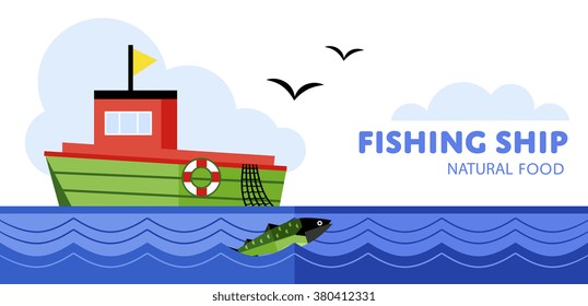 Fishing boat on the sea, vector. Fishing schooner. 