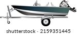 Fishing boat on trailer. Motor boat, small. Green aluminum vector fishing boat. Trailer can be removed from image and boat motor is also independent piece and can be rotated and moved.