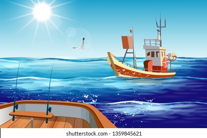 fishing boat on water wave in the ocean