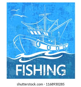 Fishing boat on the waves banner